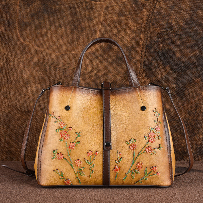 Vintage Embossed Diagonal Flower Leather Handbag