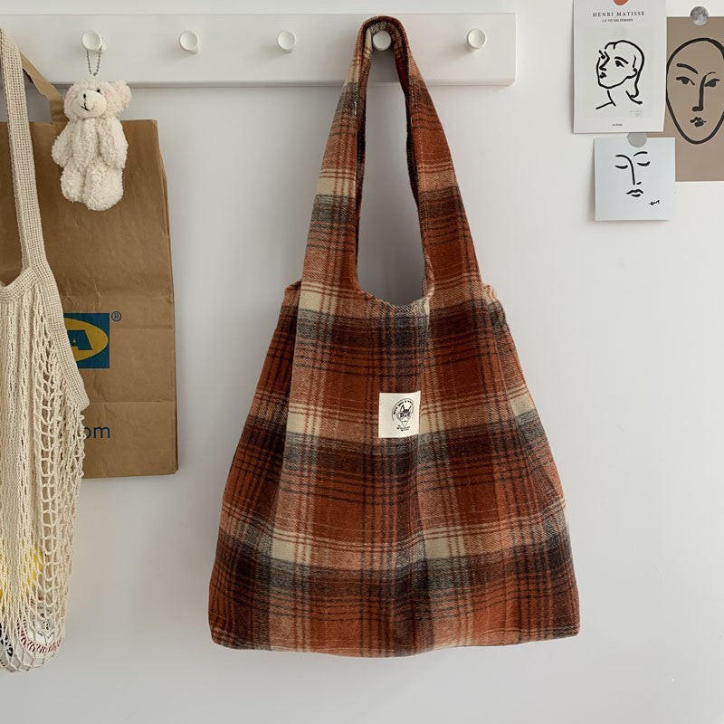 Retro All-match Literary Cloth Bag Women Thick Woolen Grid