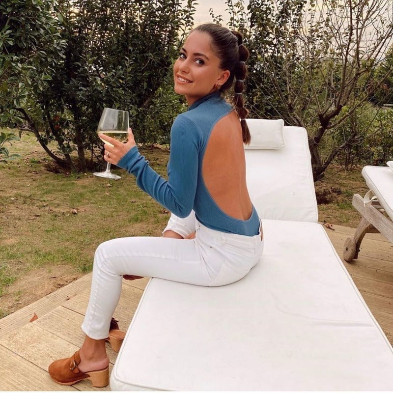 High Neck Sexy Backless Long Sleeve Slim Knit Sweater Top Women