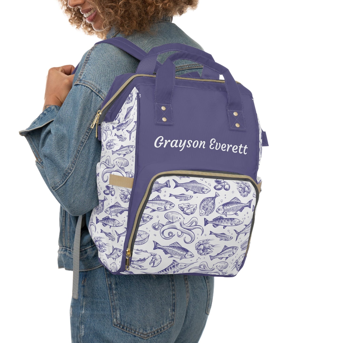 Personalized Blue Ocean Fish Multifunctional Diaper Backpack, Newborn Gift, Baby Shower Gift, Baby Diaper Bag Nappy Stroller Bag