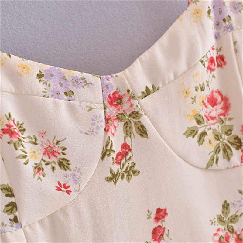 Women's French Style Vintage Small Floral Printed High Waist Slim Fit Slimming Suspenders Dress