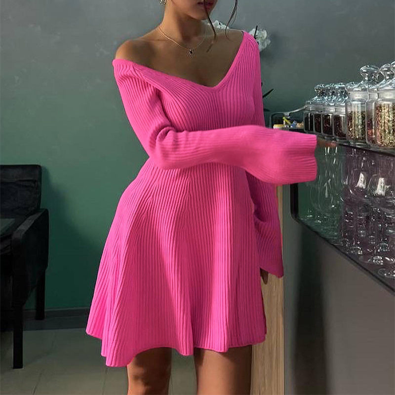 V-Neck Long Sleeve Knitted Dress Y2K