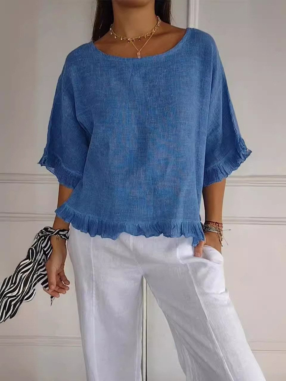 Casual Round Neck Mid Sleeve Blouse