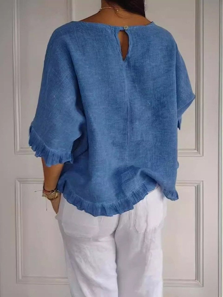 Casual Round Neck Mid Sleeve Blouse