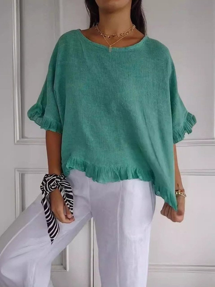 Casual Round Neck Mid Sleeve Blouse