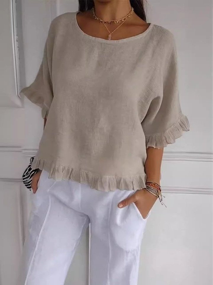 Casual Round Neck Mid Sleeve Blouse