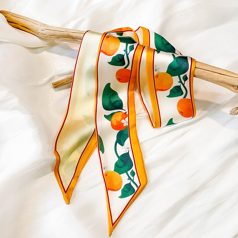 Fruit Pattern Thin Narrow Long Strip Of Silk Scarf Women