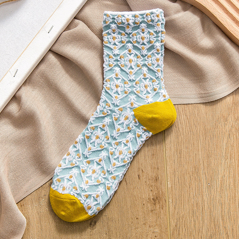 Retro Three-dimensional Relief Socks Women's Tube Flowers Casual Wear