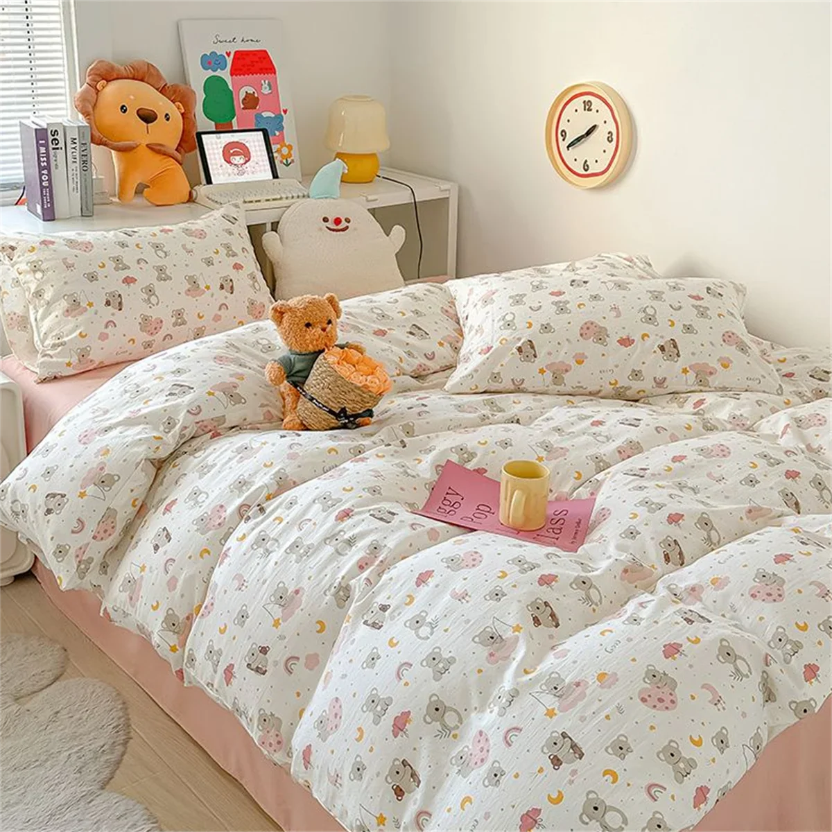 Ins Pink Bedding Set Bed Flat Sheet Pillowcase Twin Full Queen Princess Style Bed Linen Kids Girls Floral Duvet Cover