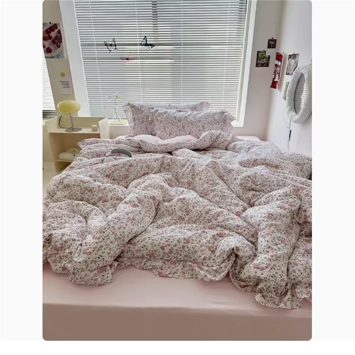 Cute Princess Fashion Lattice Bedding Set Bed Sheet AB Double Sided Ruffle Flower Quilt Cover Pillowcase Bedclothes Home Textile