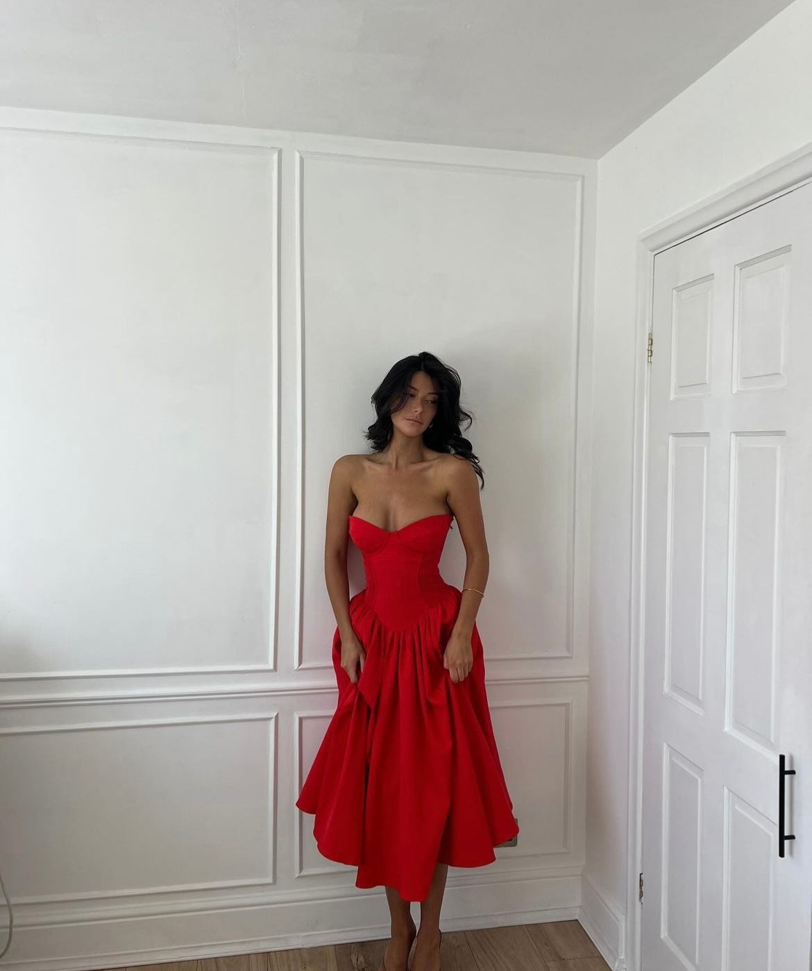 Red Bustier Pleated Flare Midi Dress