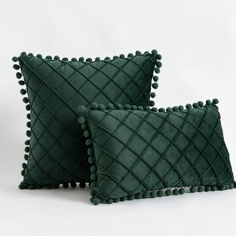 Inyahome Velvet Pillowcase Cover with Pompom Ball Blue Green Cushion Cover Bedroom Sofa Decoration Pillow Cases 35x50cm/50x50cm