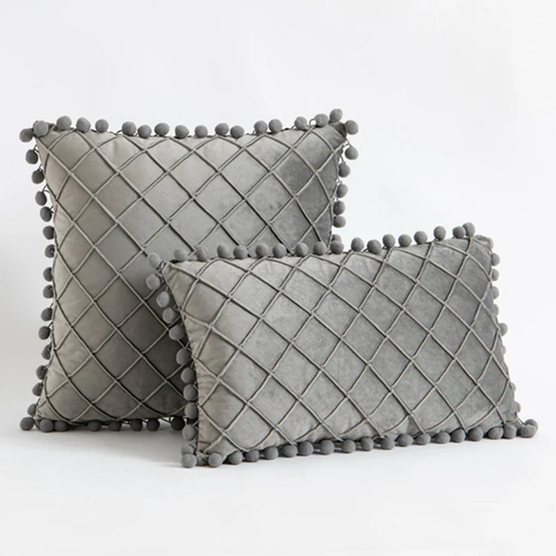 Inyahome Velvet Pillowcase Cover with Pompom Ball Blue Green Cushion Cover Bedroom Sofa Decoration Pillow Cases 35x50cm/50x50cm