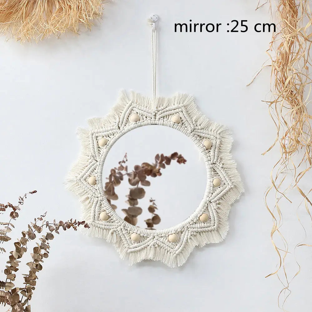 Macrame Decorative Wall Mirror Boho Home Decor Makeup Aesthetic Mirrors Living Room Bedroom Christmas Wedding Decoration Gift