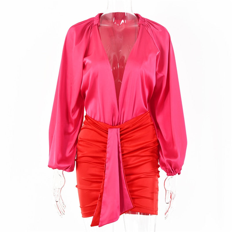 Satin Long Sleeve Deep V-neck Draped Skirt Two Piece Set