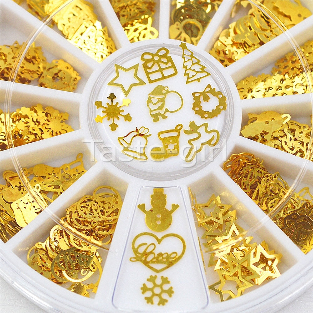 Mixed 12 shapes black gold metal Halloween christmas nail art decorations slice wheel nail foil decals fake nail accessoires