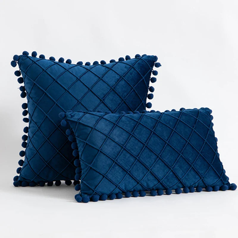 Inyahome Velvet Pillowcase Cover with Pompom Ball Blue Green Cushion Cover Bedroom Sofa Decoration Pillow Cases 35x50cm/50x50cm