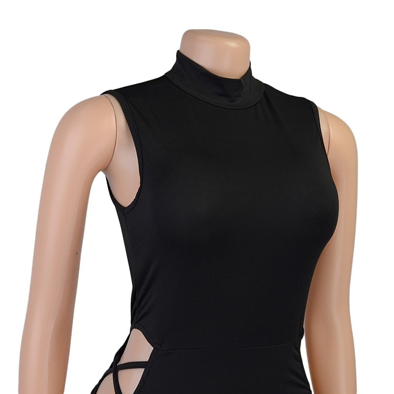 High Neck Sleeveless Side Tie-Up Midi Dress