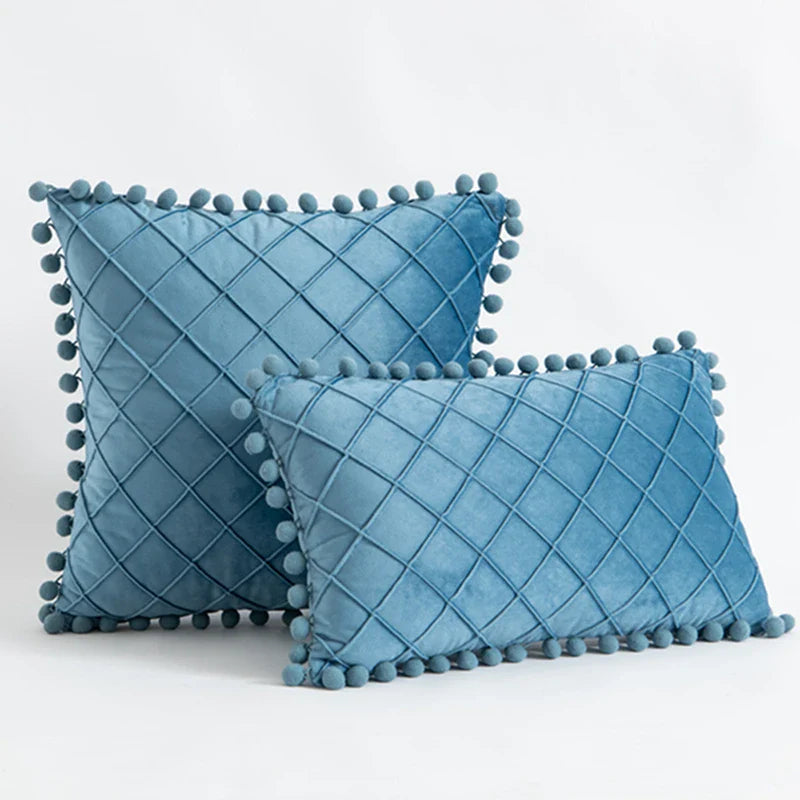 Inyahome Velvet Pillowcase Cover with Pompom Ball Blue Green Cushion Cover Bedroom Sofa Decoration Pillow Cases 35x50cm/50x50cm