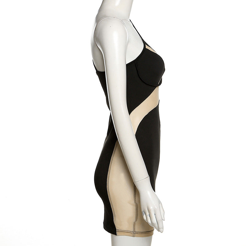 Black Asymmetric Mesh Patchwork One Shoulder Mini Dress