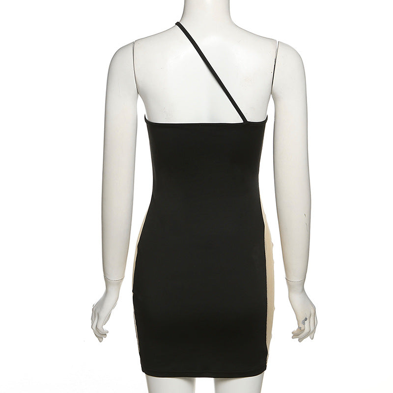 Black Asymmetric Mesh Patchwork One Shoulder Mini Dress