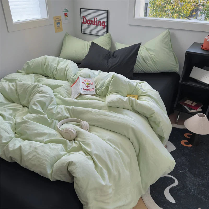 INS Hot Coffee Bedding Set For Girls Soft Washed Cotton Bed Sheet Queen King Size Duvet Set Comforter Set Pillowcase Bed Linens