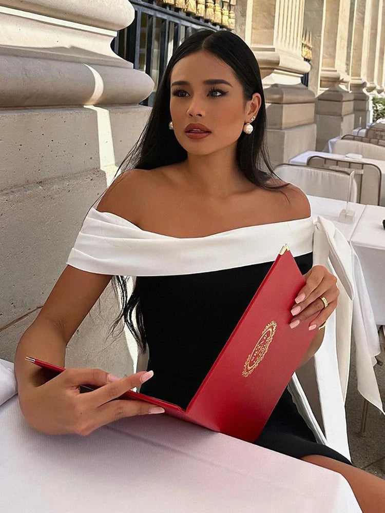 Black One Shoulder Contrast Tie Up Midi Dress