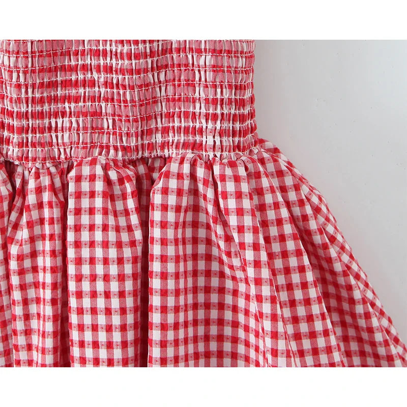 Red Plaid Puff Ruched Mini Dress