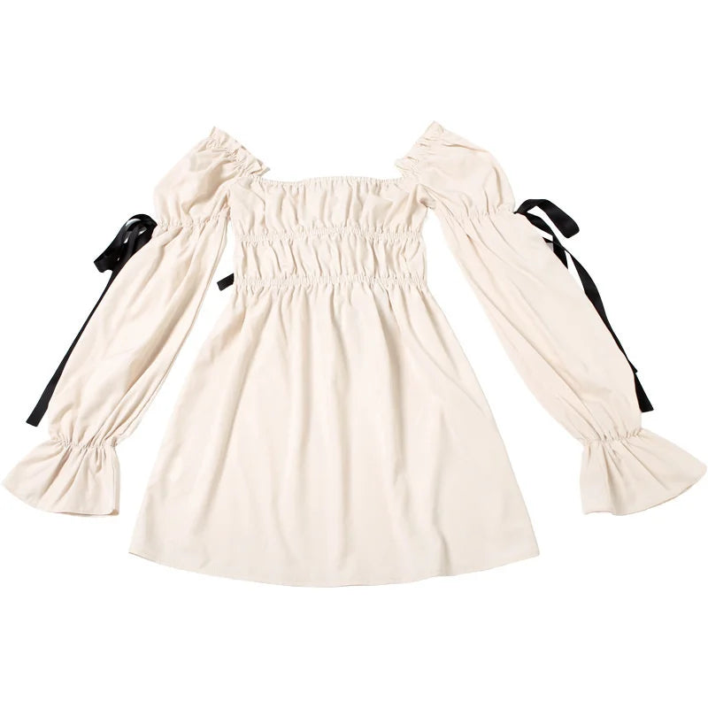 White Square Collar Bow Puff Mini Dress