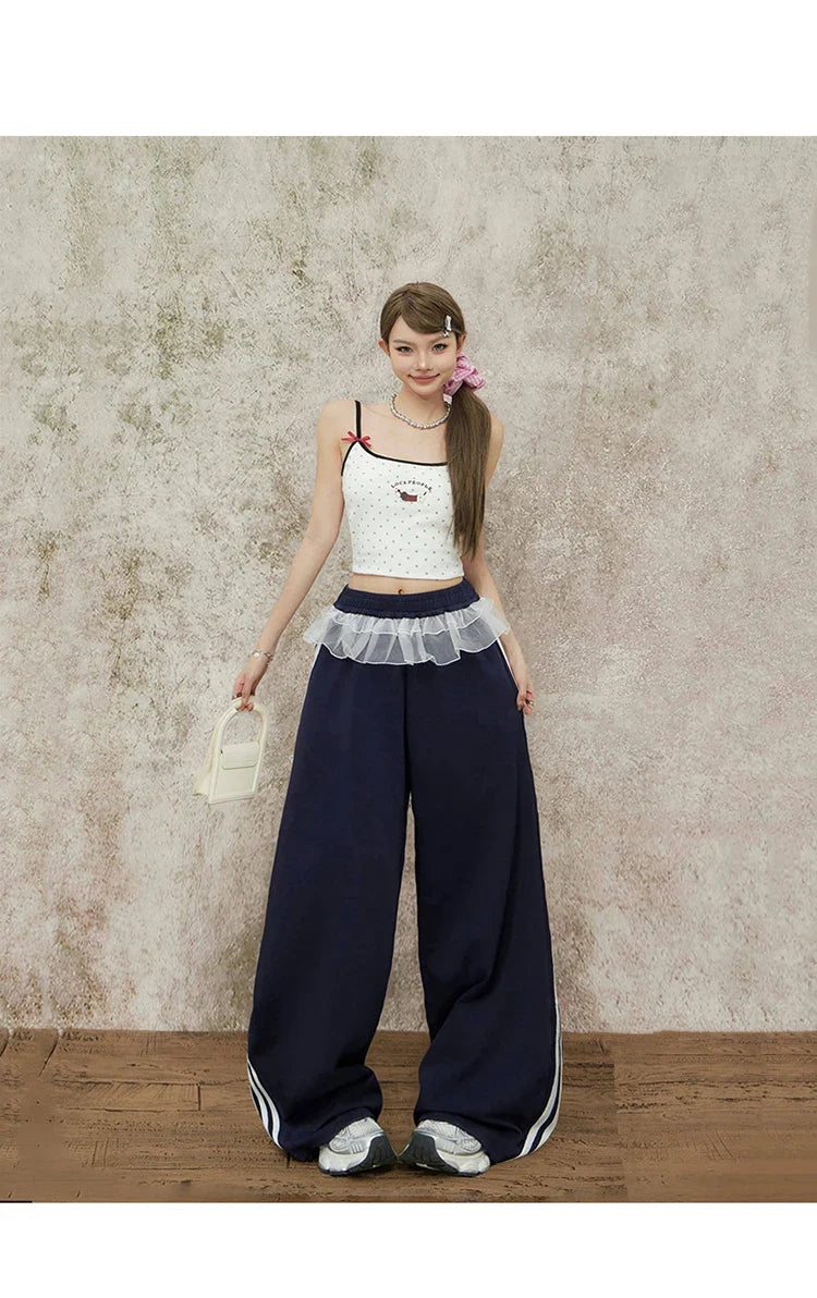 Navy Blue Wide Leg Elastic Waist Striped Sweatpants