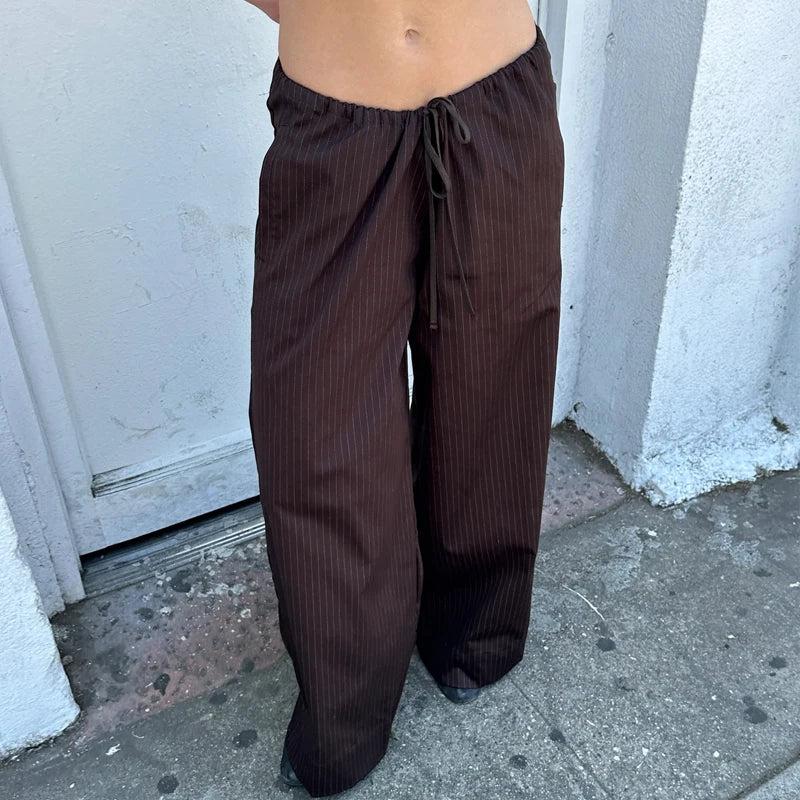 Striped Pattern Loose Drawstring Wide Leg Pants