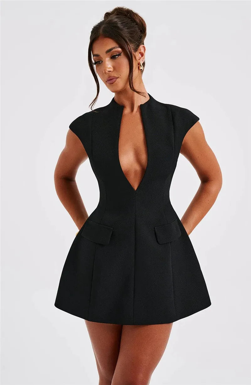 Black Deep Neck Short Sleeve Solid Mini Dress