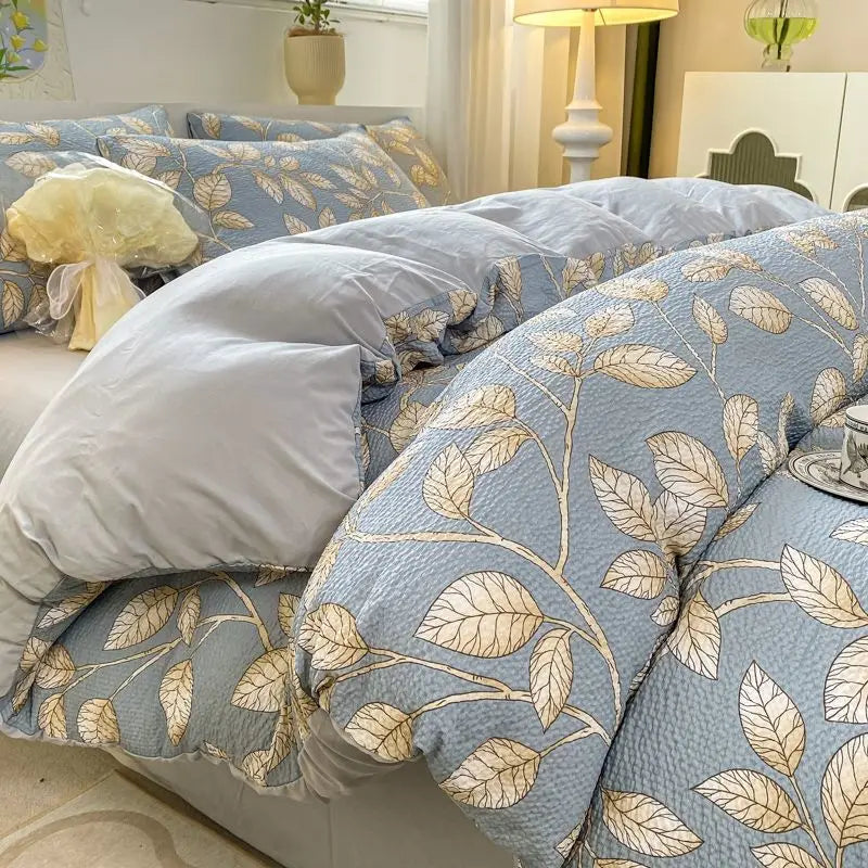 Romantic Floral Duvet Cover Set No Filler Soft Seersucker King Single Szie Pillowcases Flat Sheet Home Decoration Bed Linens
