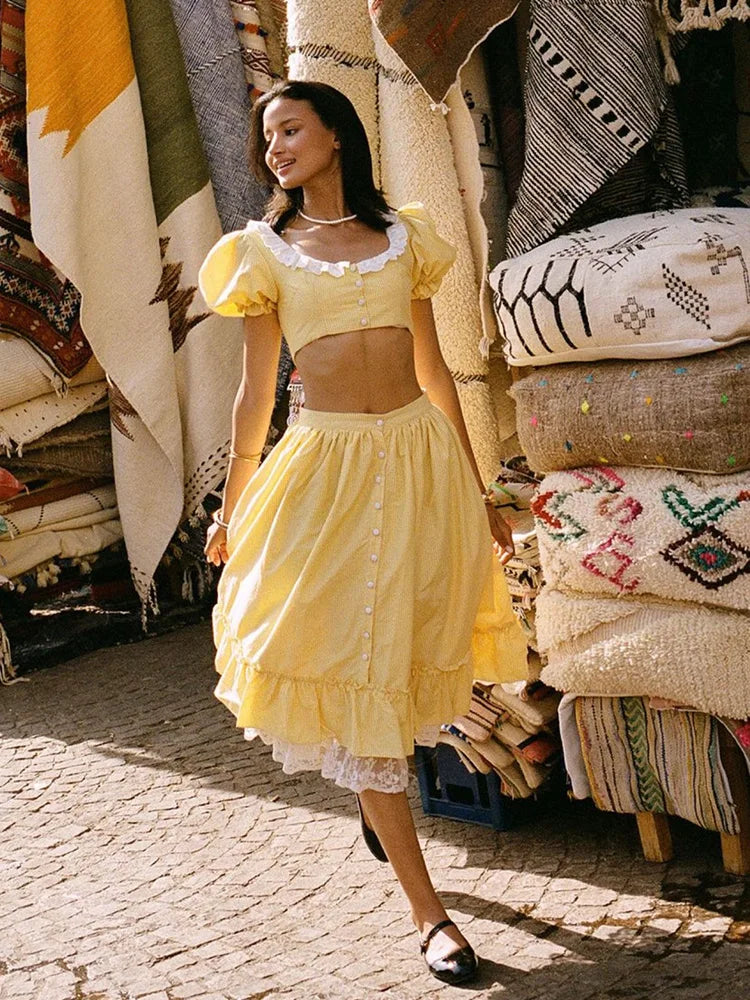 Yellow Gingham Printed Crop Top And Maxi Skirt Set