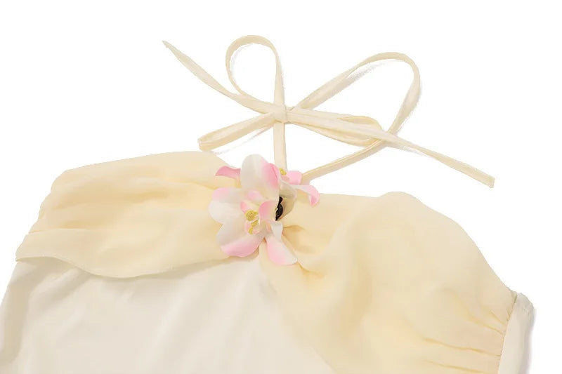 Beige Floral Frill Halter Midi Dress