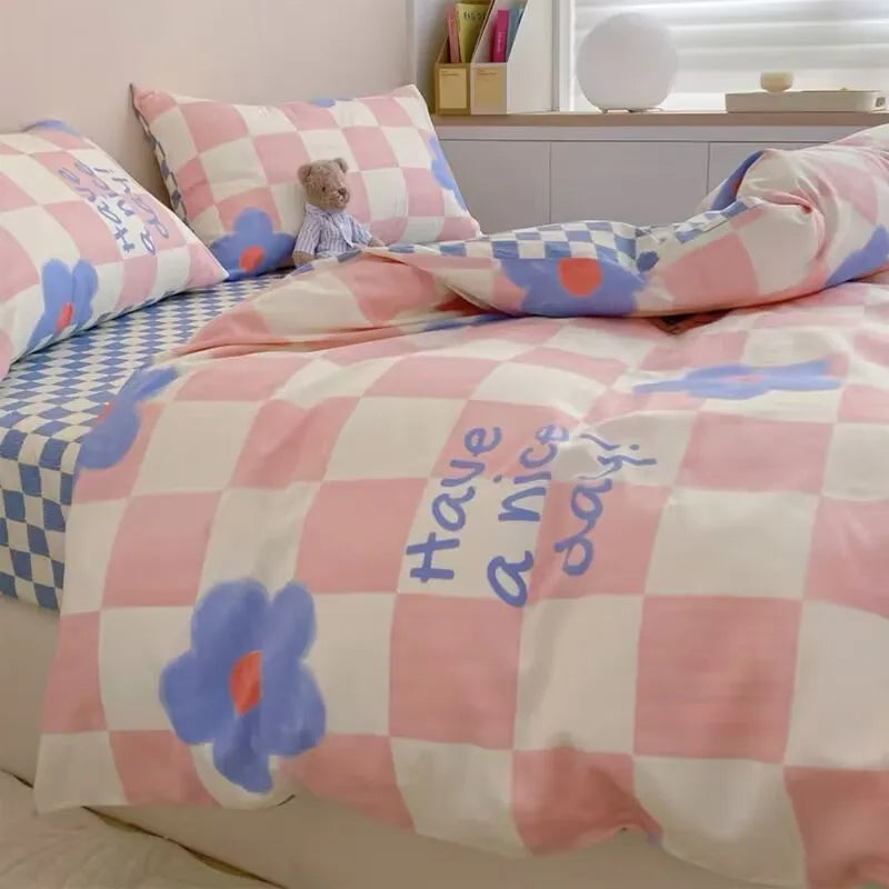 Korean Style Fashion Bedding Set Kids Adults Twin Full Queen Size Blue Bed Flat Sheet Duvet Cover Pillowcases Floral Bed Linen