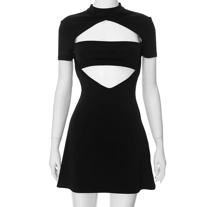 Black Front Hollow Out Mini Dress