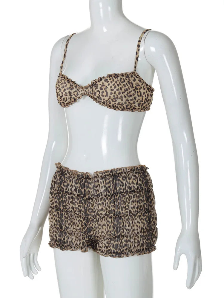 Leopard Print Ruffles Cami Bra Top and Shorts Set