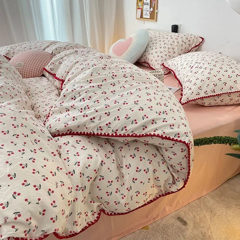 Bedding Set INS Girls Cherry Soft Washed Cotton Bed Sheet Queen King Size Duvet Set Comforter Set Pillowcase Bed Linens