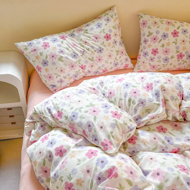 Colorful Floral Style Bedding Sets Romantic Flowers Duvet Cover Single Queen Size Washed Cotton Bedclothes Girls Home Textiles