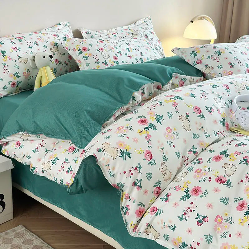 Duvet Cover Set for Boys and Girls, Cute Sweetheart, Flat Sheet, Pillowcase, Floral Bed Linen, Twin Queen Size, Home Bedding Kit