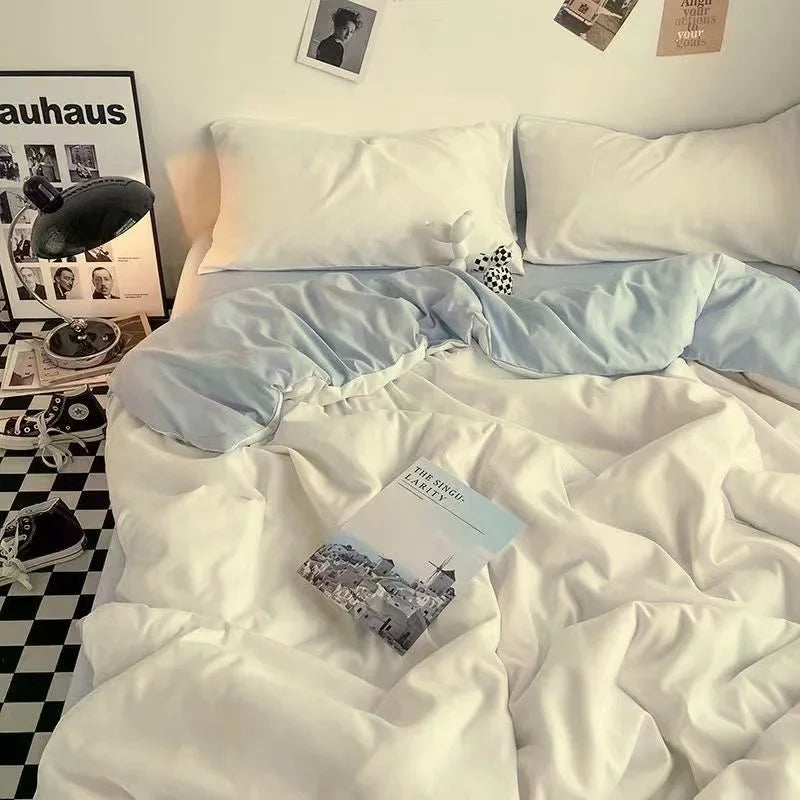 INS Pink Solid Color Bedding Set Girls Boys Single Double Size Flat Sheet Duvet Cover Pillowcase Bed Linens Home Textile