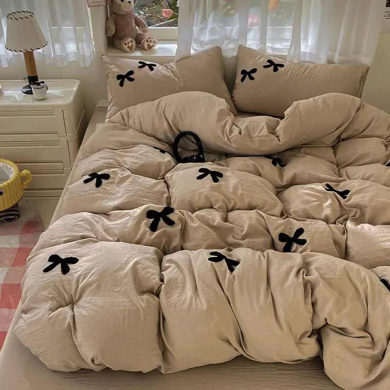 Skin Friendly Washed Cotton Bow Towel Embroidered Duvet Cover Set NO Filler Girls Princess Home Bedding Flat Sheet Pillowcase