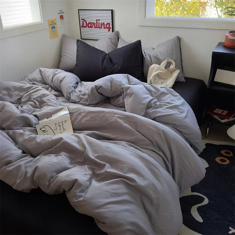INS Hot Coffee Bedding Set For Girls Soft Washed Cotton Bed Sheet Queen King Size Duvet Set Comforter Set Pillowcase Bed Linens