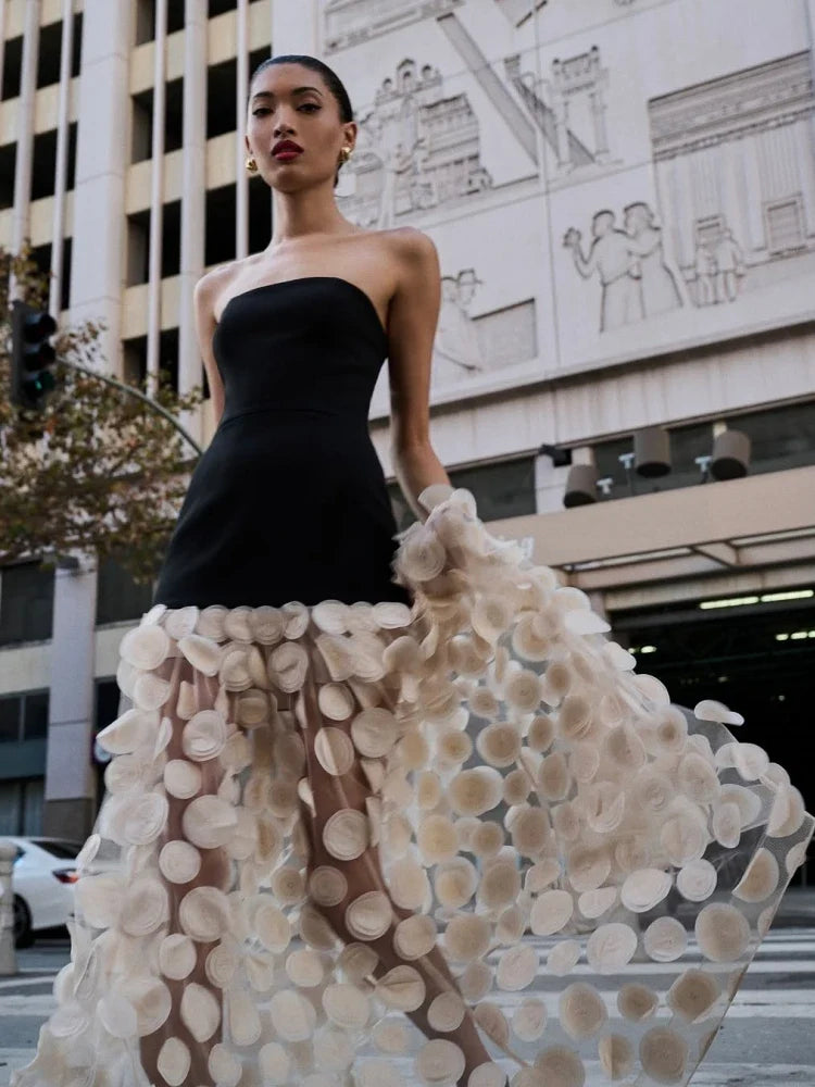 Black Strapless Dot Mesh Long Dress �A-Line Empire Waist