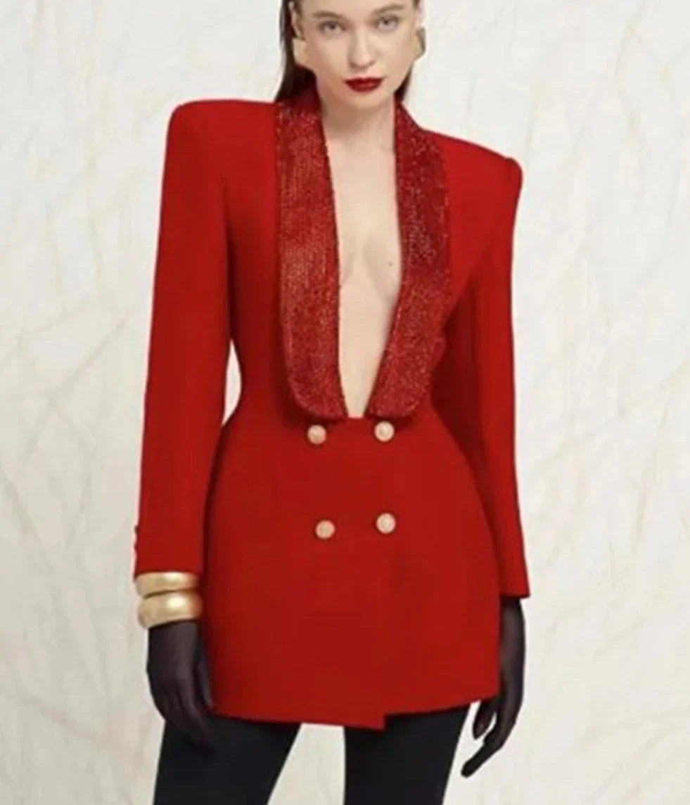 Red Sequin Collar Open Back Blazer Dress
