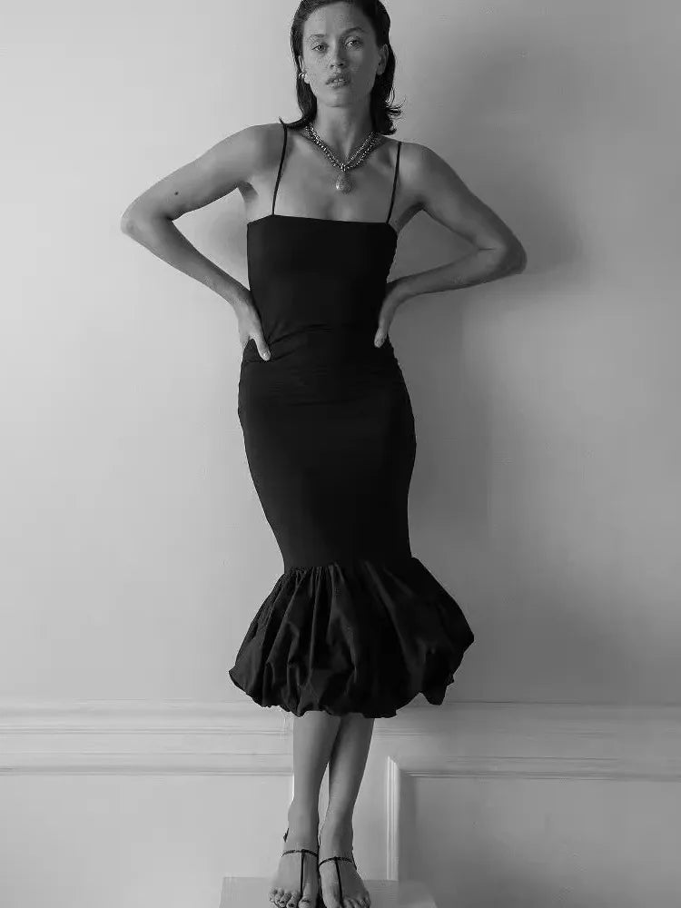 Black Spaghetti Strap Balloon Fishtail Midi Dress