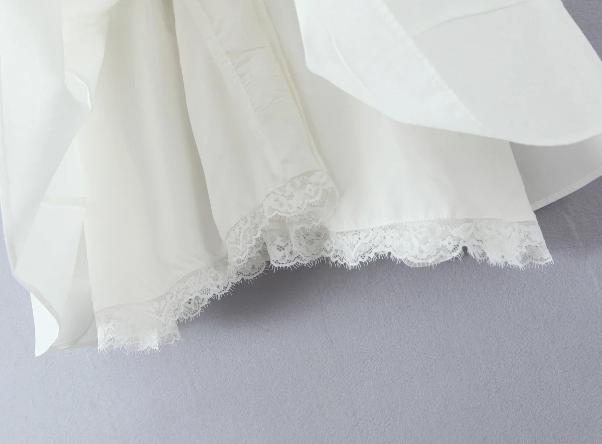 White Bow Deep V Neck Short Sleeve Mini Dress