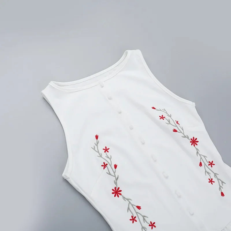 Flower Embroidered Button Mini Dress