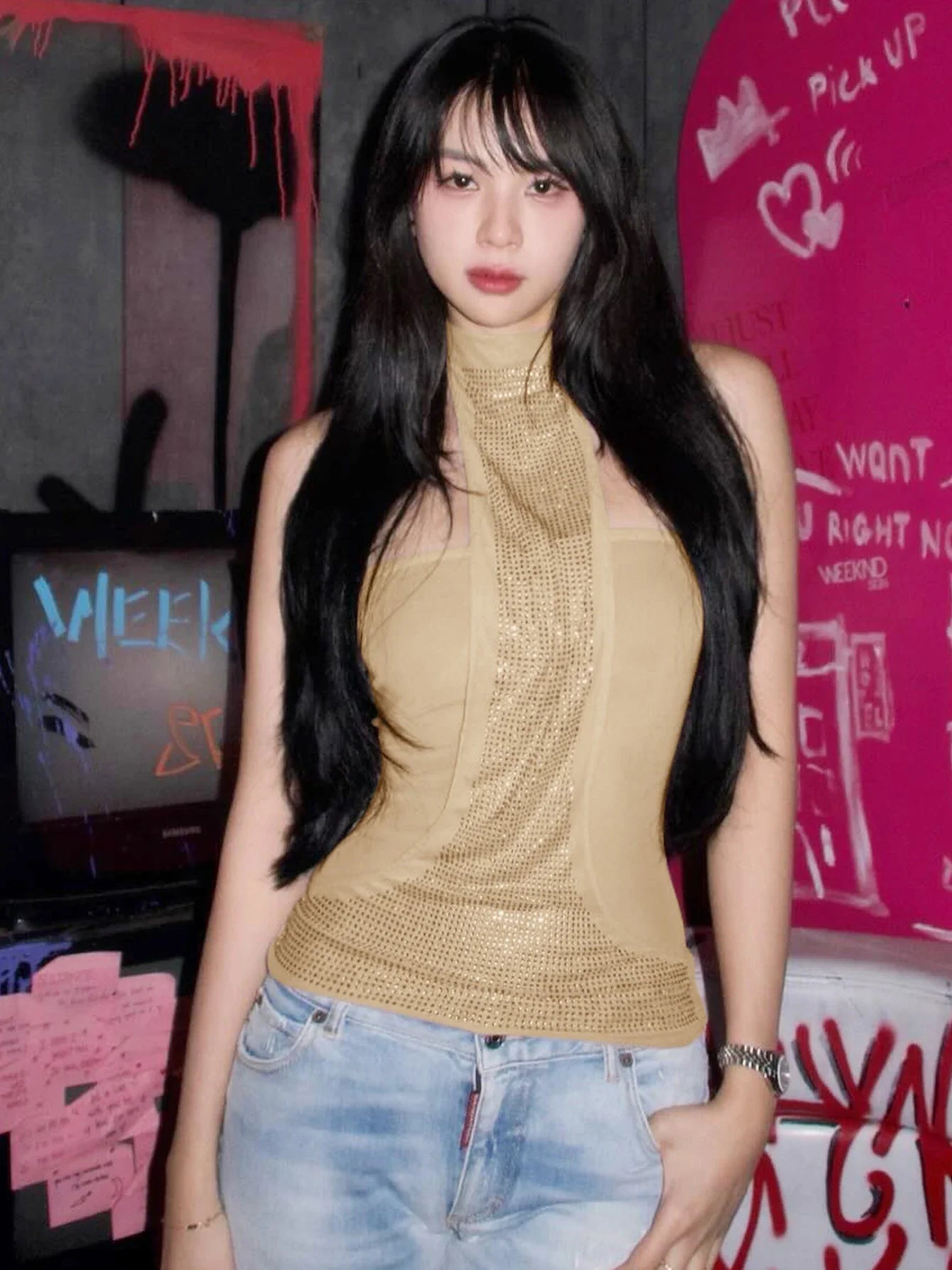 Black and Beige High Neck Sleeveless Sequin Tank Top - Backless Style